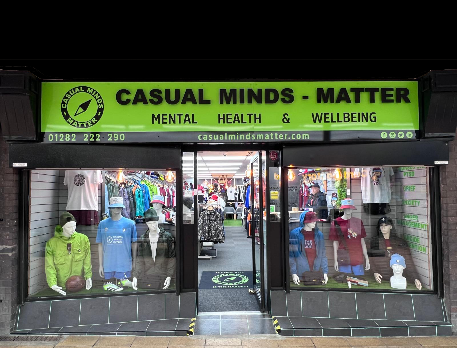 Casual Minds Matter shop front in the evening